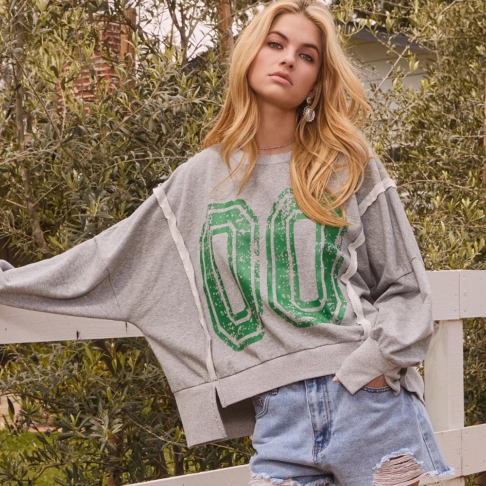 French Terry Solid Lettering Lightweight Sweatshirt Heather Gray w/ Green - Picture 2 of 7